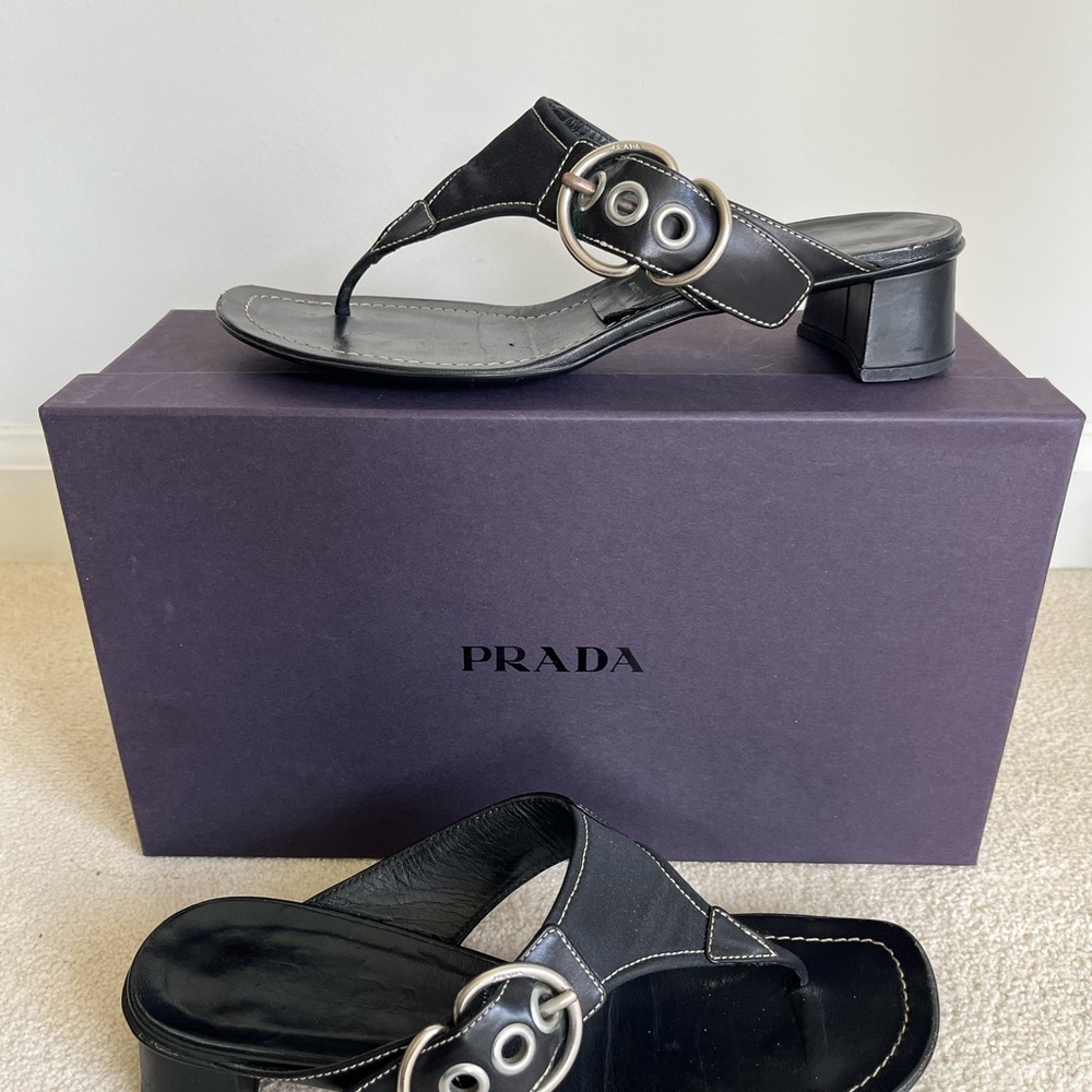 Vintage Prada Black Leather Sandals with Silver Hardware